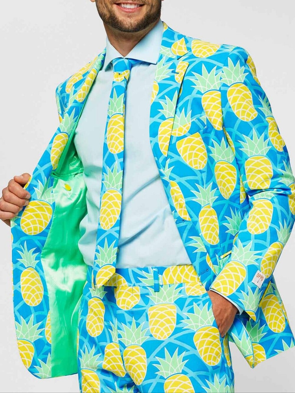 OppoSuits Bright Blue Pineapple Print Tropical Suit